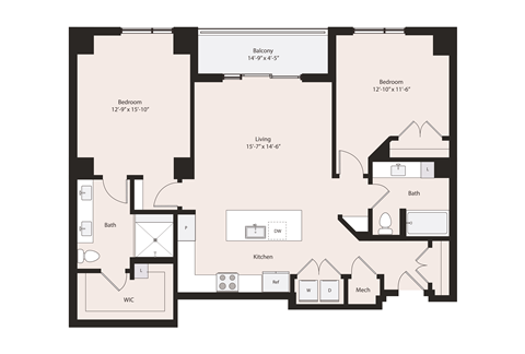 Floor plan for 2 beds, 2 baths, 1307 sqft